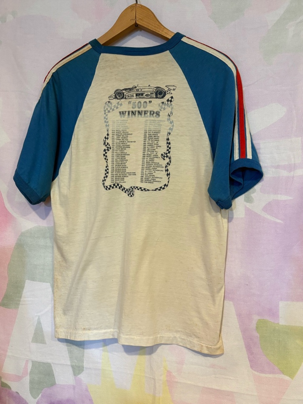 Indianapolis 500 Men's Raglan Tee Cream & Blue Vintage Racing Graphic 1983 RARE - Picture 6 of 10